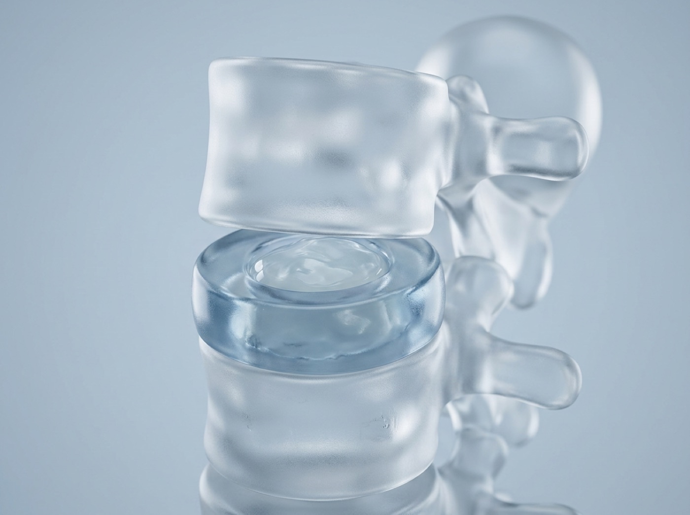 A round, pale blue disc between two vertebrae, with a firm outer ring and a softer centre