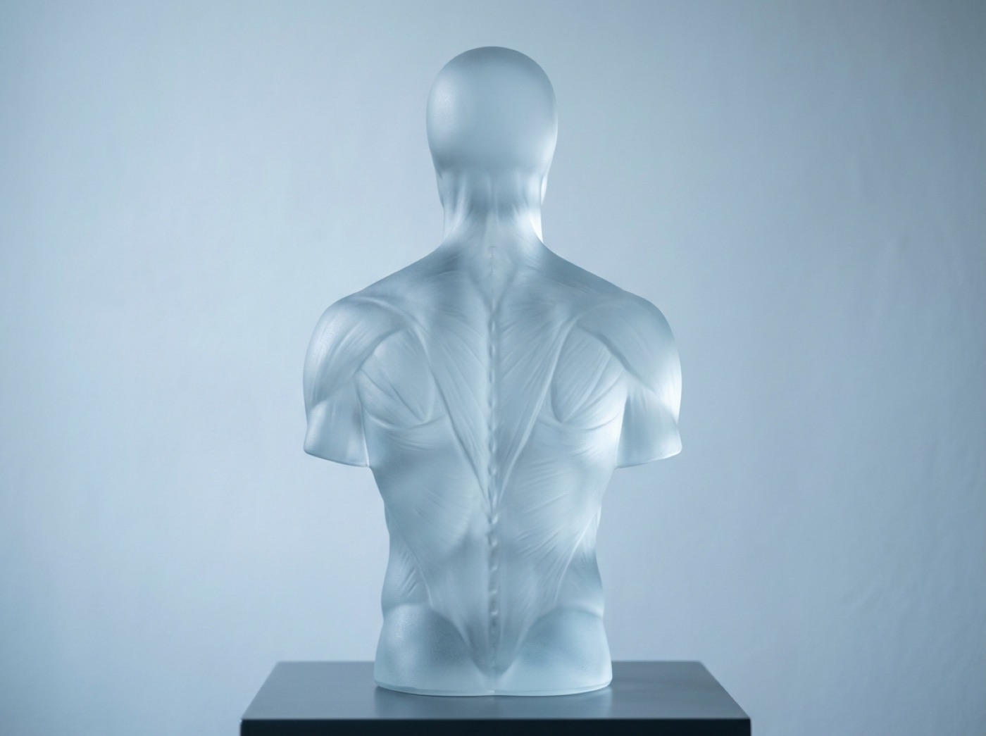 The back of a glass torso with long bands of muscle running along both sides of the spine