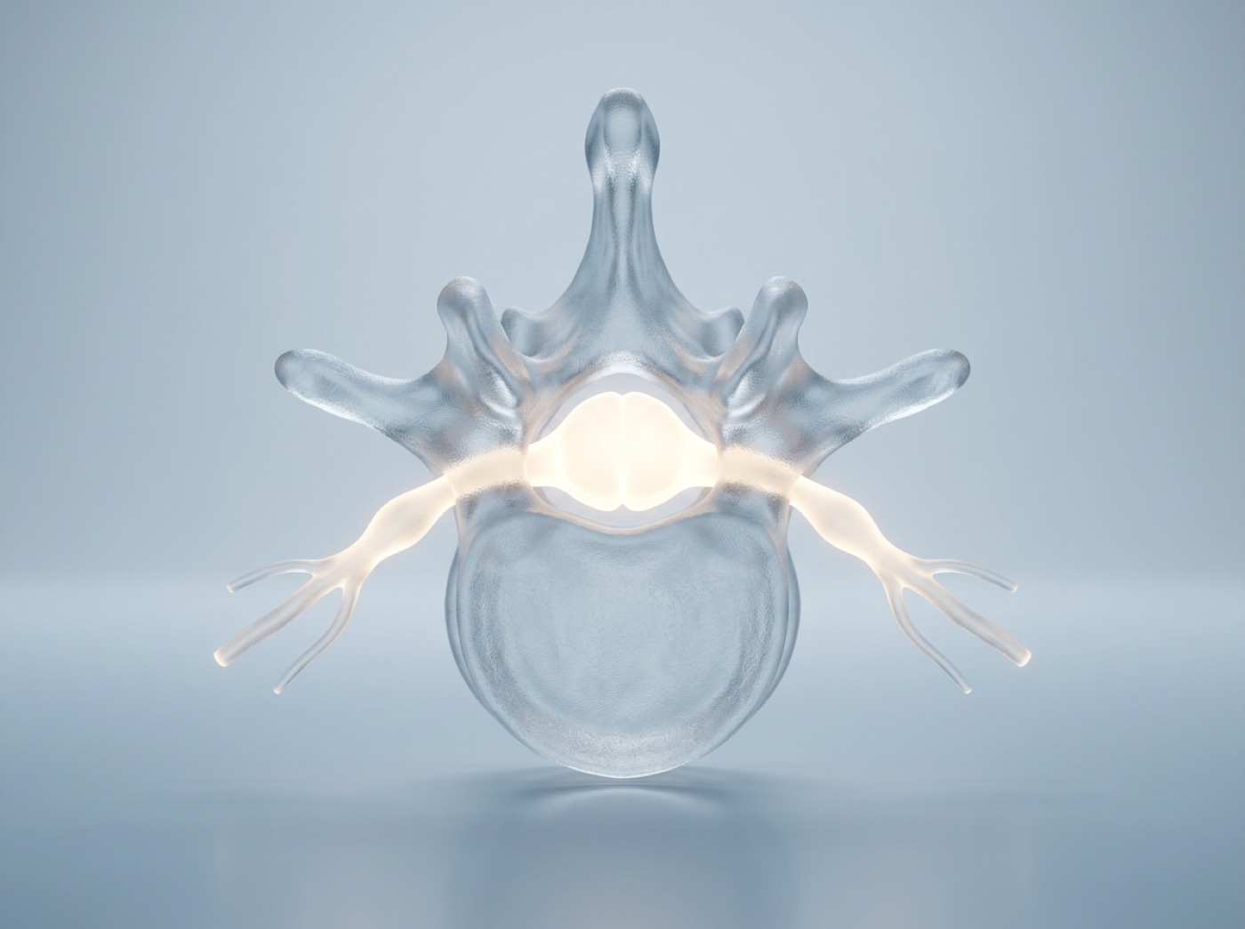 A vertebra seen from above, a glowing spinal cord passing through its centre and two nerve roots branching out