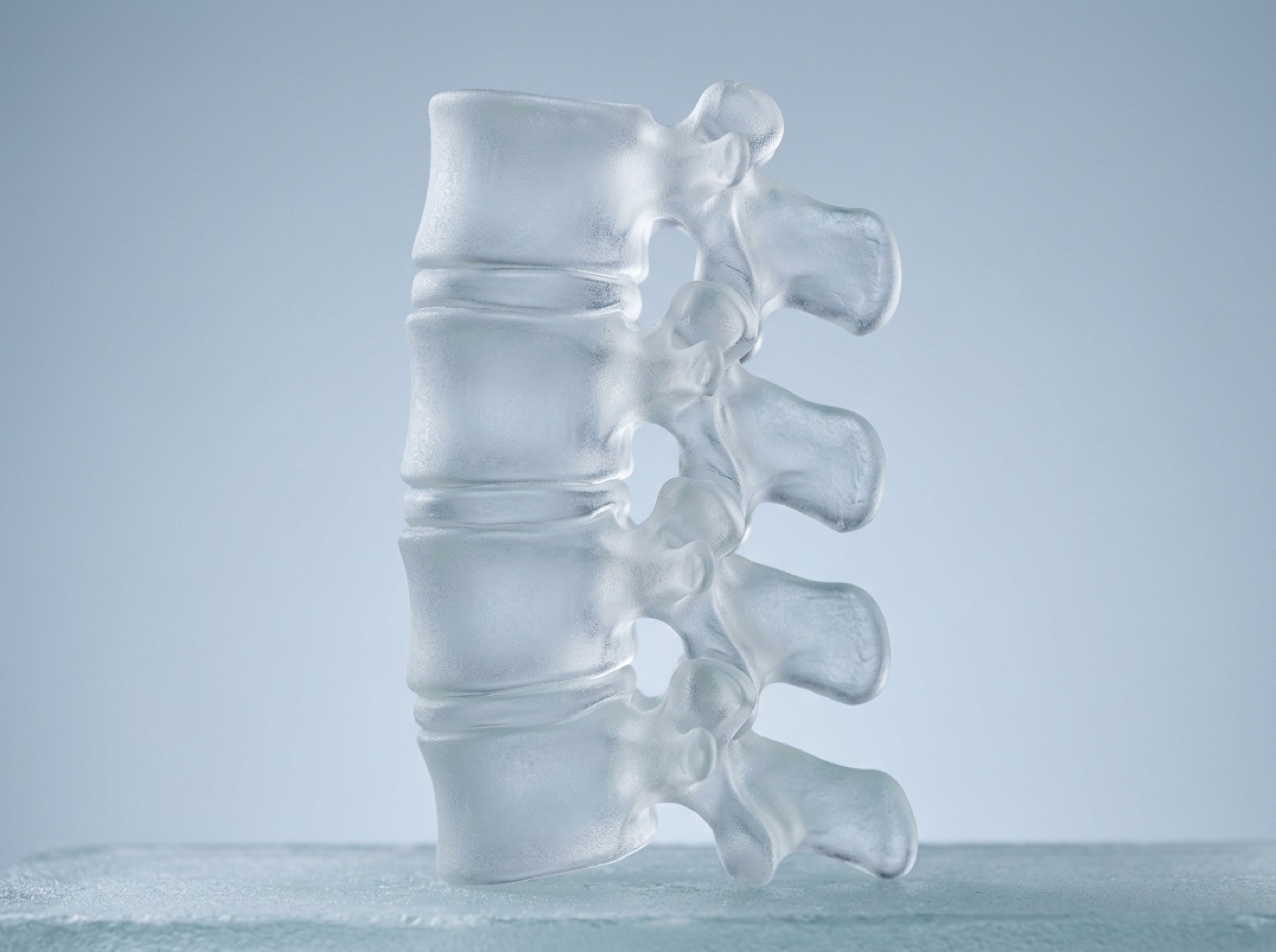 A stack of glass vertebrae seen from the side, with their bony projections at the back