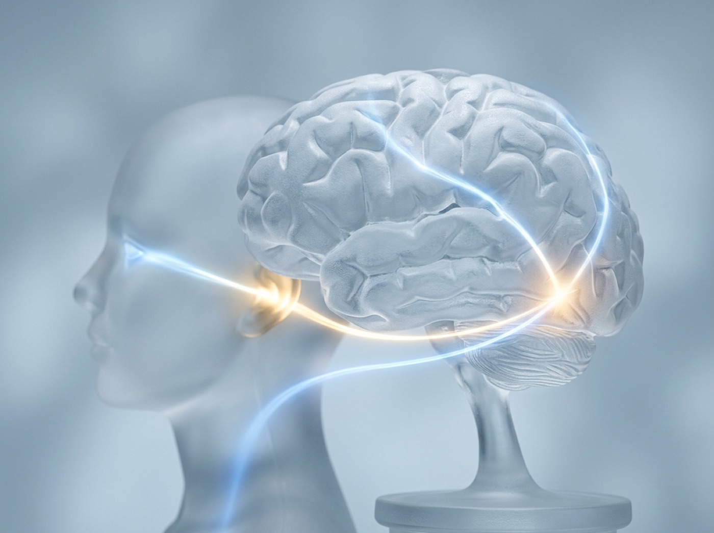 A glass brain with three streams of light, from the ear, the eyes and the body, meeting at the back