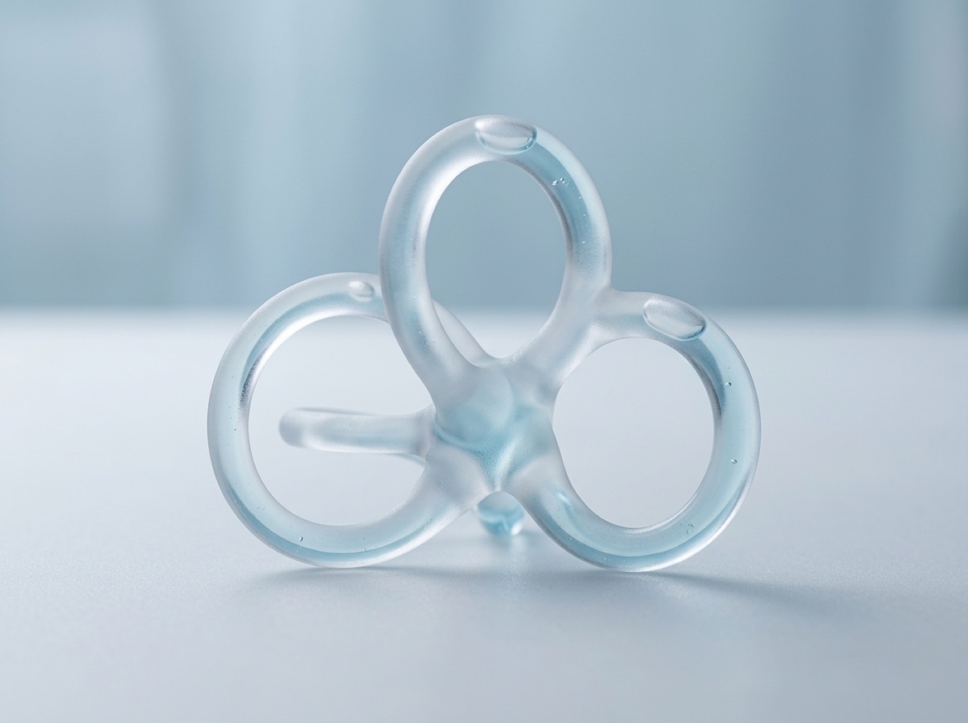 Three looping glass canals set at right angles to each other, filled with clear fluid