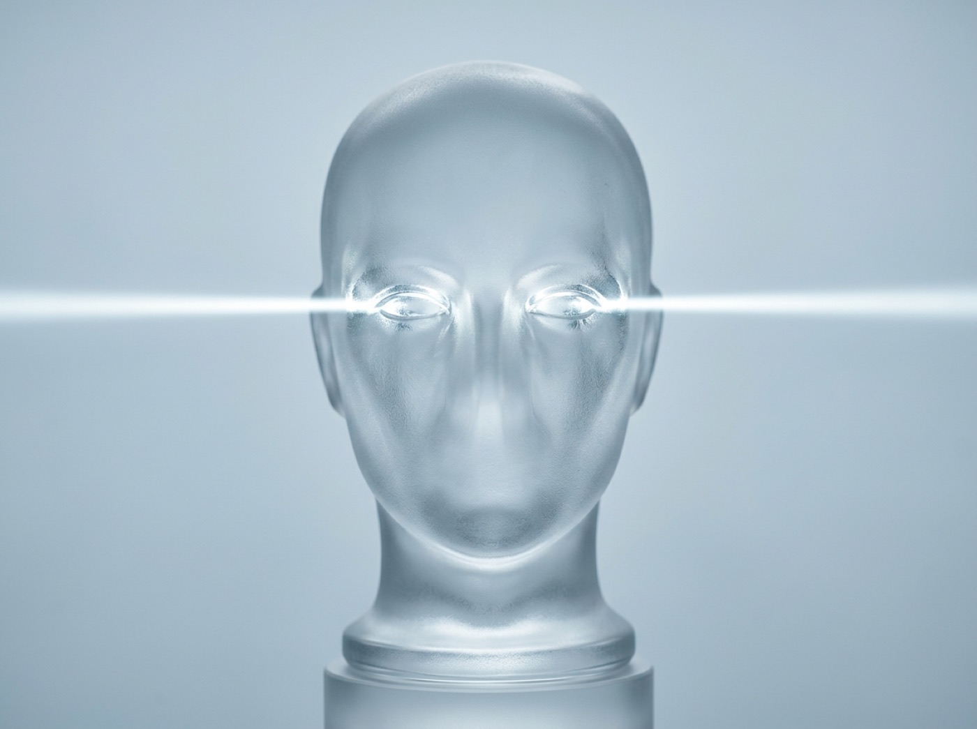 A glass head seen from the front, light entering both eyes from a level horizon