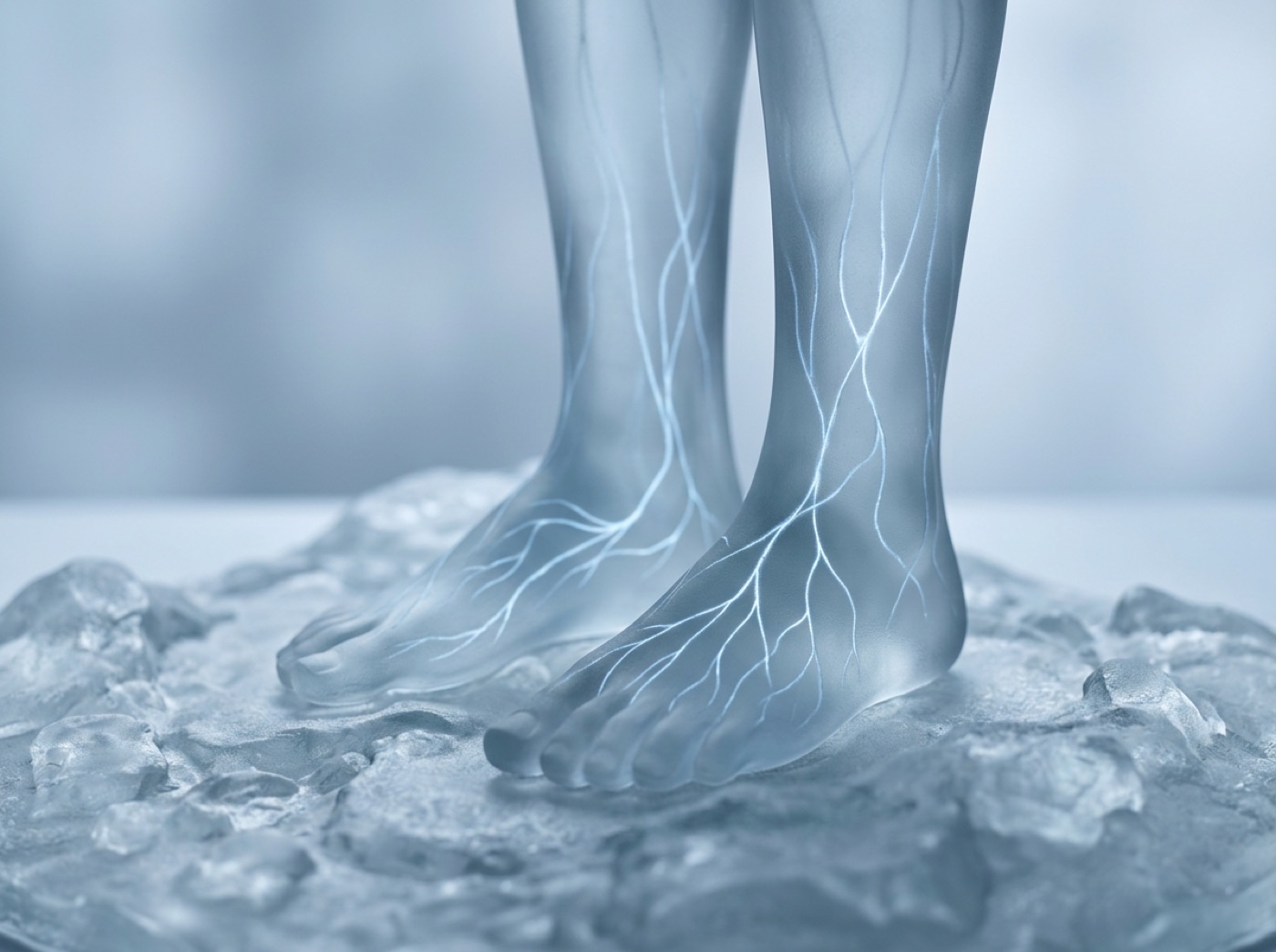Glass feet standing on uneven ground, nerve signals running up from the soles and ankles