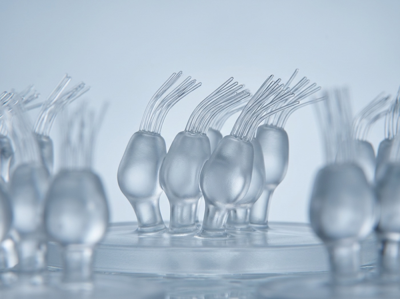Tiny hair-like sensors standing in clear fluid, bending to one side as the fluid moves