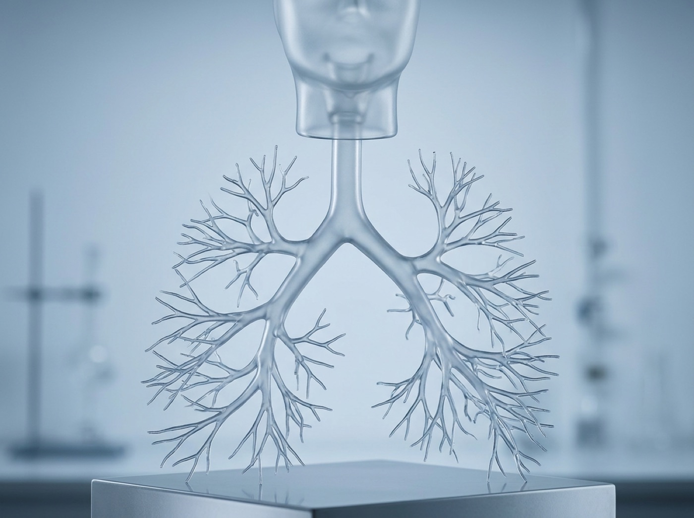 A glass windpipe dividing into two branches and then into finer and finer ones, like an upside-down tree