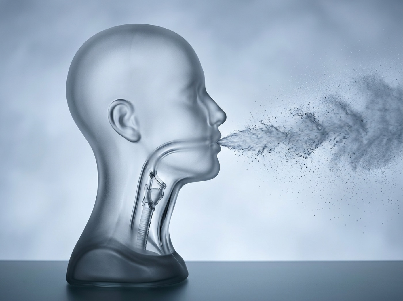 A burst of air rushing up through a glass windpipe, carrying tiny droplets out of the top