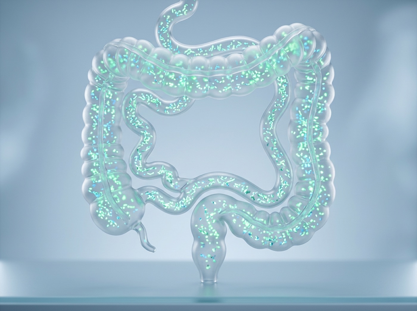 A glass large intestine with tiny glowing specks of bacteria inside it