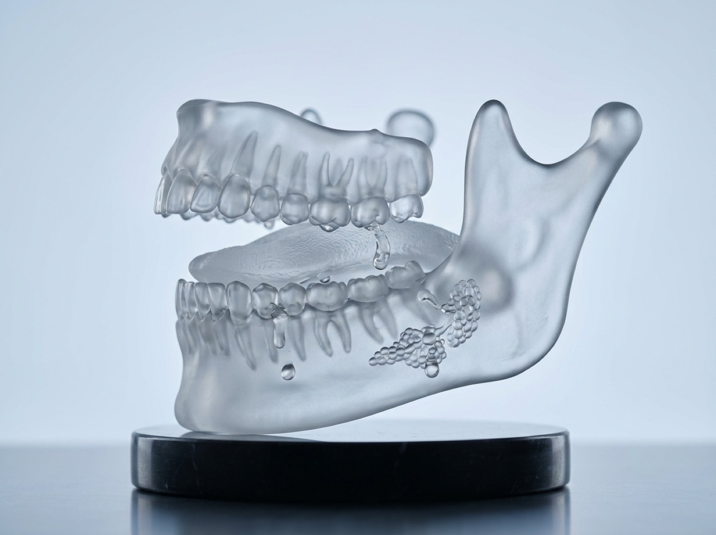 Side view of a glass jaw with teeth and tongue, and small salivary glands beside it