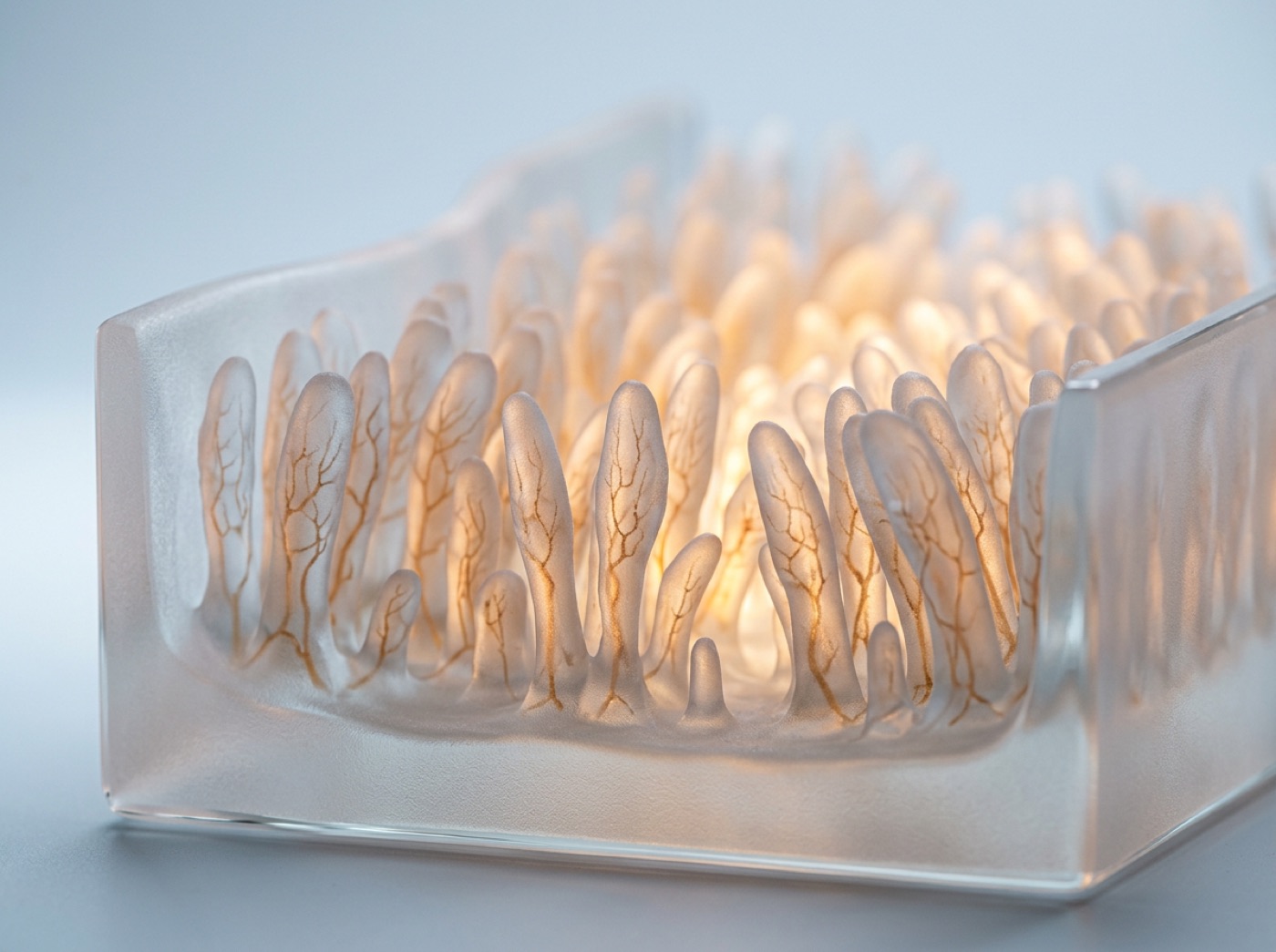 Close-up of the inner wall of the small intestine, with finger-like villi and tiny blood vessels