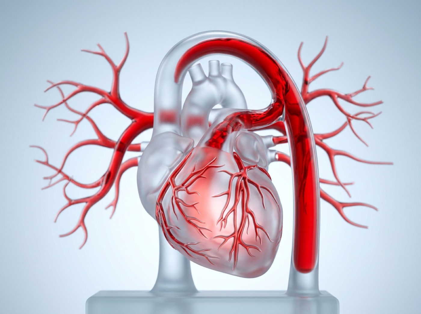 A glass heart pumping red blood up into a thick arching artery