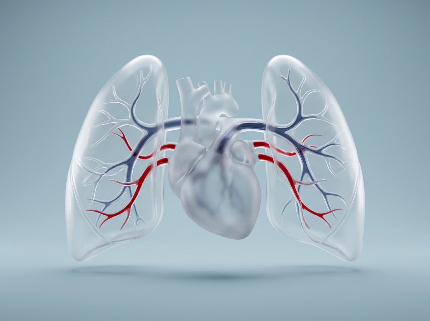 A glass heart and lungs: bluish blood flowing from the right side of the heart to the lungs, red blood flowing back