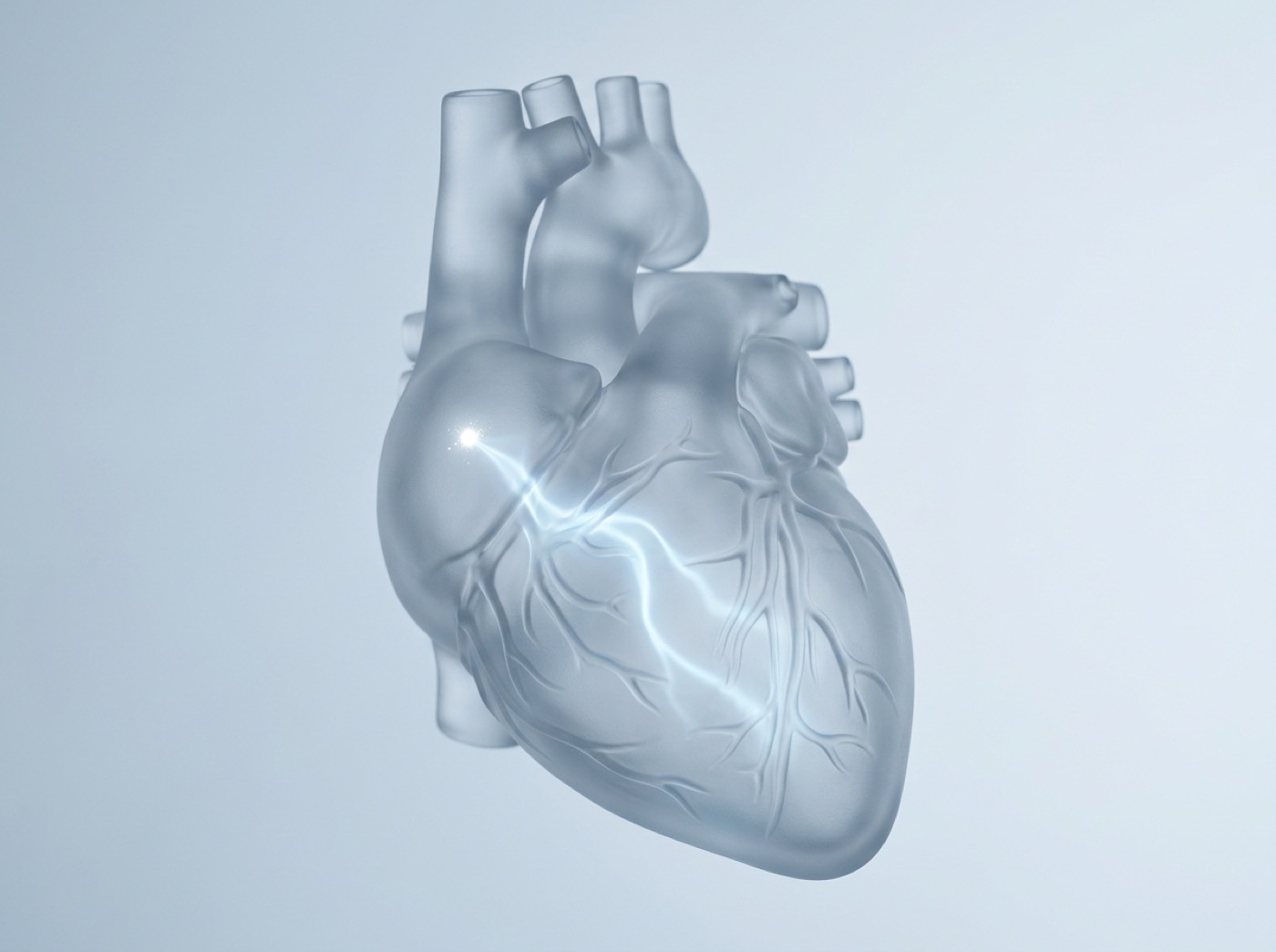A glass heart with a spark of light high on its upper right side and a wave of light spreading down