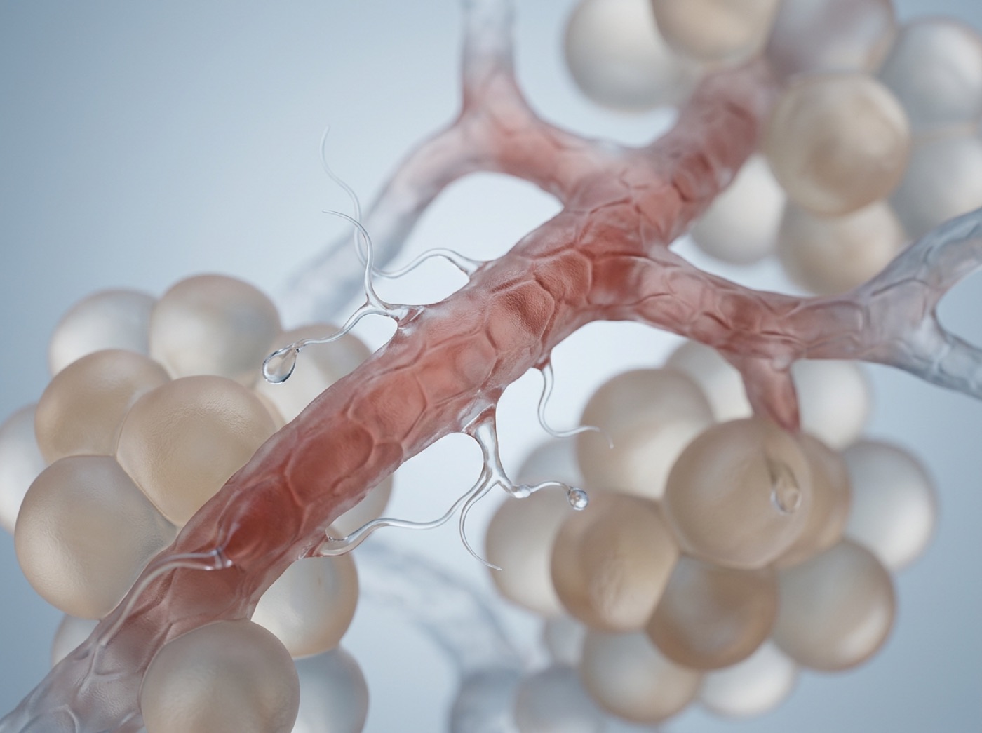 A blood capillary with clear fluid seeping out between the cells around it