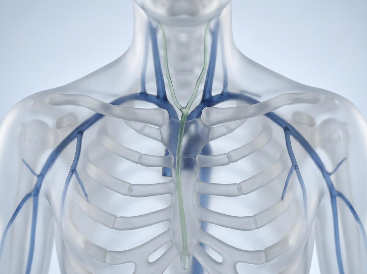 The upper chest with the collarbones, the large veins beneath them and a lymph duct joining them