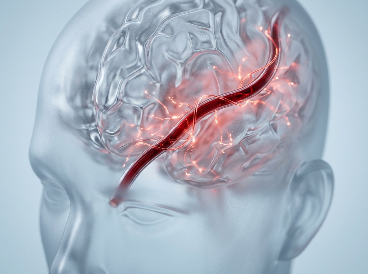 Nerve fibres wrapped around a blood vessel on the surface of the brain, glowing red