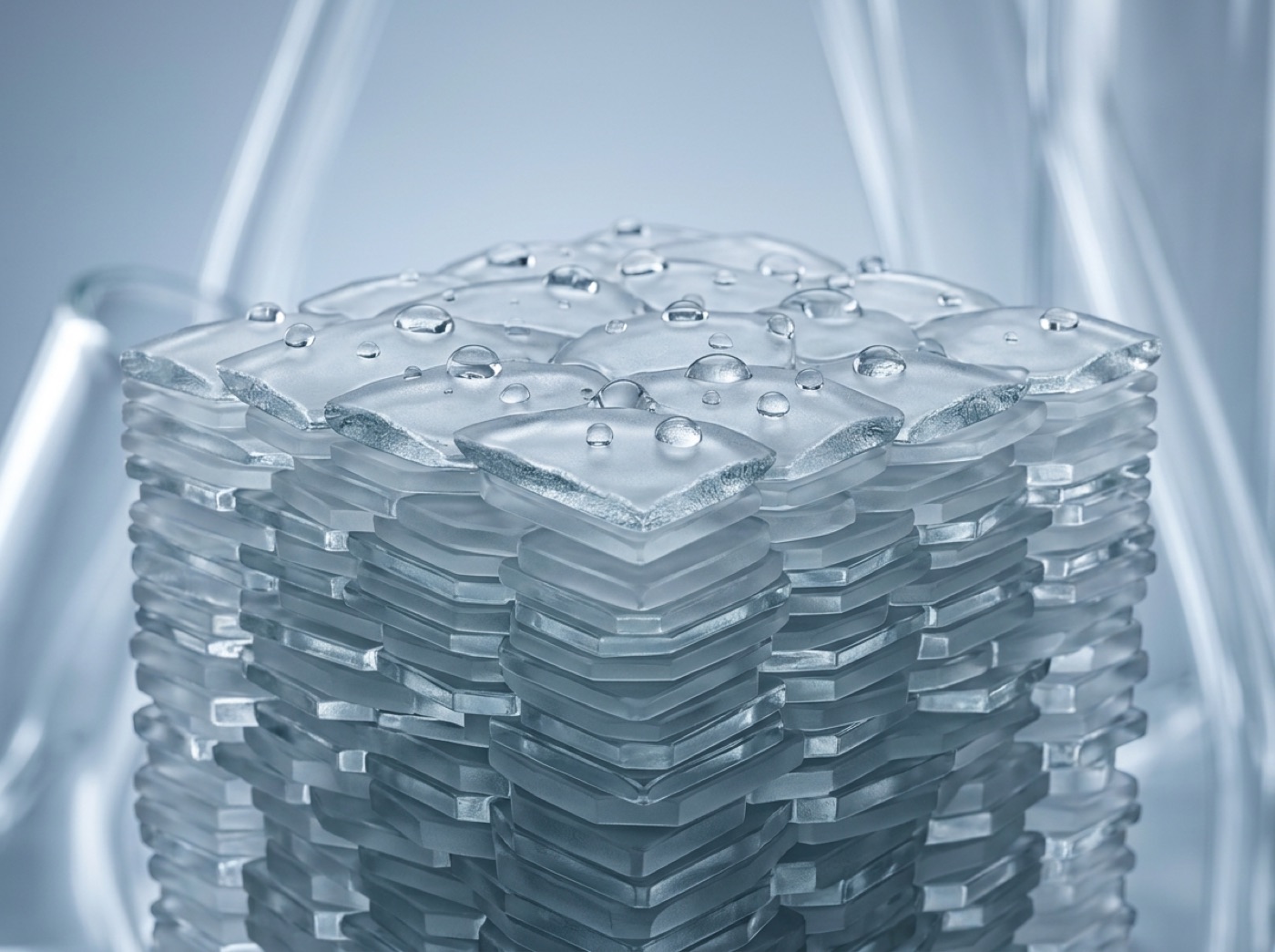 Close-up of the top layer of skin: tightly stacked flat cells forming a protective wall, water beading on the surface