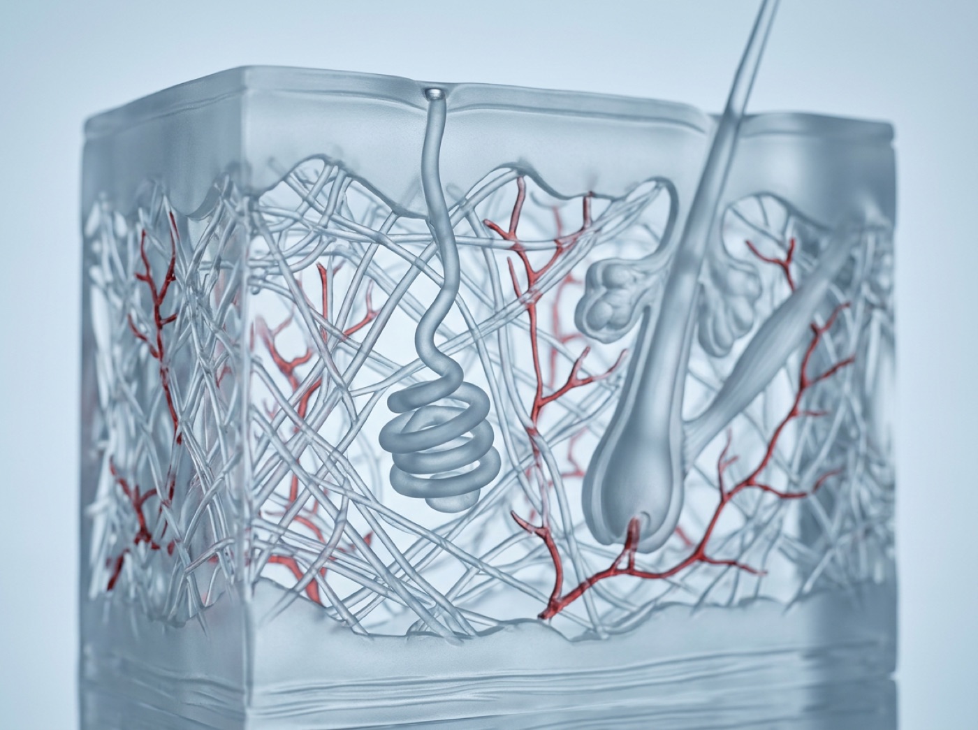 The middle layer of skin: collagen fibres, a coiled sweat gland, a hair follicle and small blood vessels