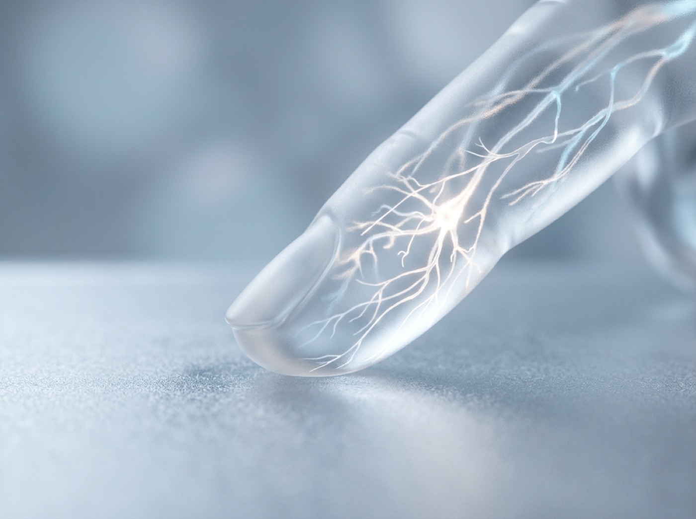 A glass fingertip touching a surface, fine nerve endings glowing beneath its skin