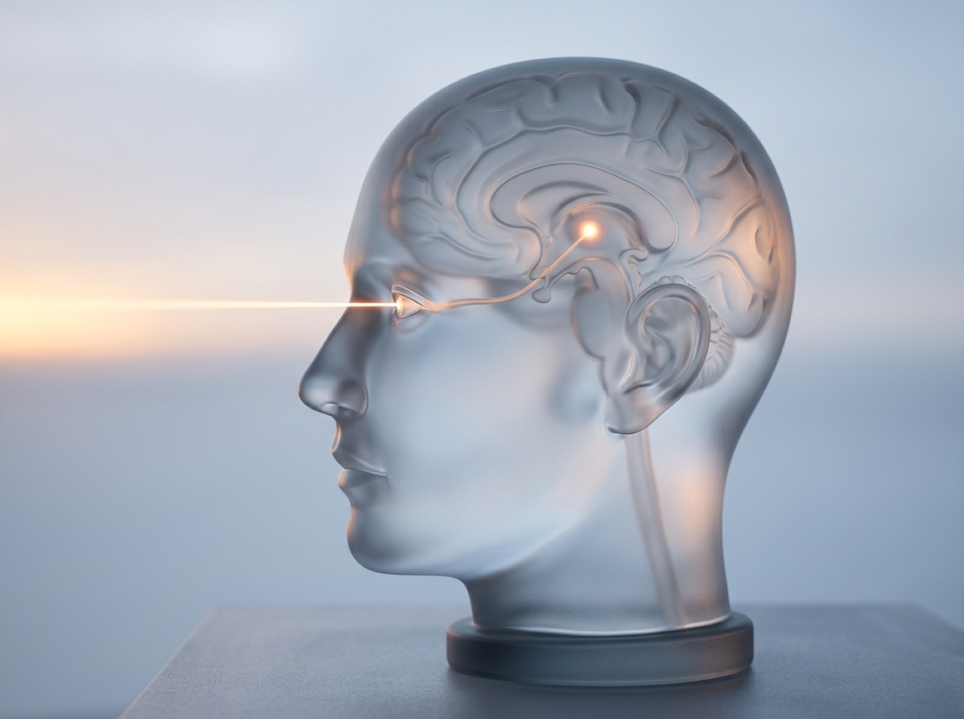 A glass head at sunrise, a beam of light entering through the eye and reaching a tiny glowing point deep in the brain