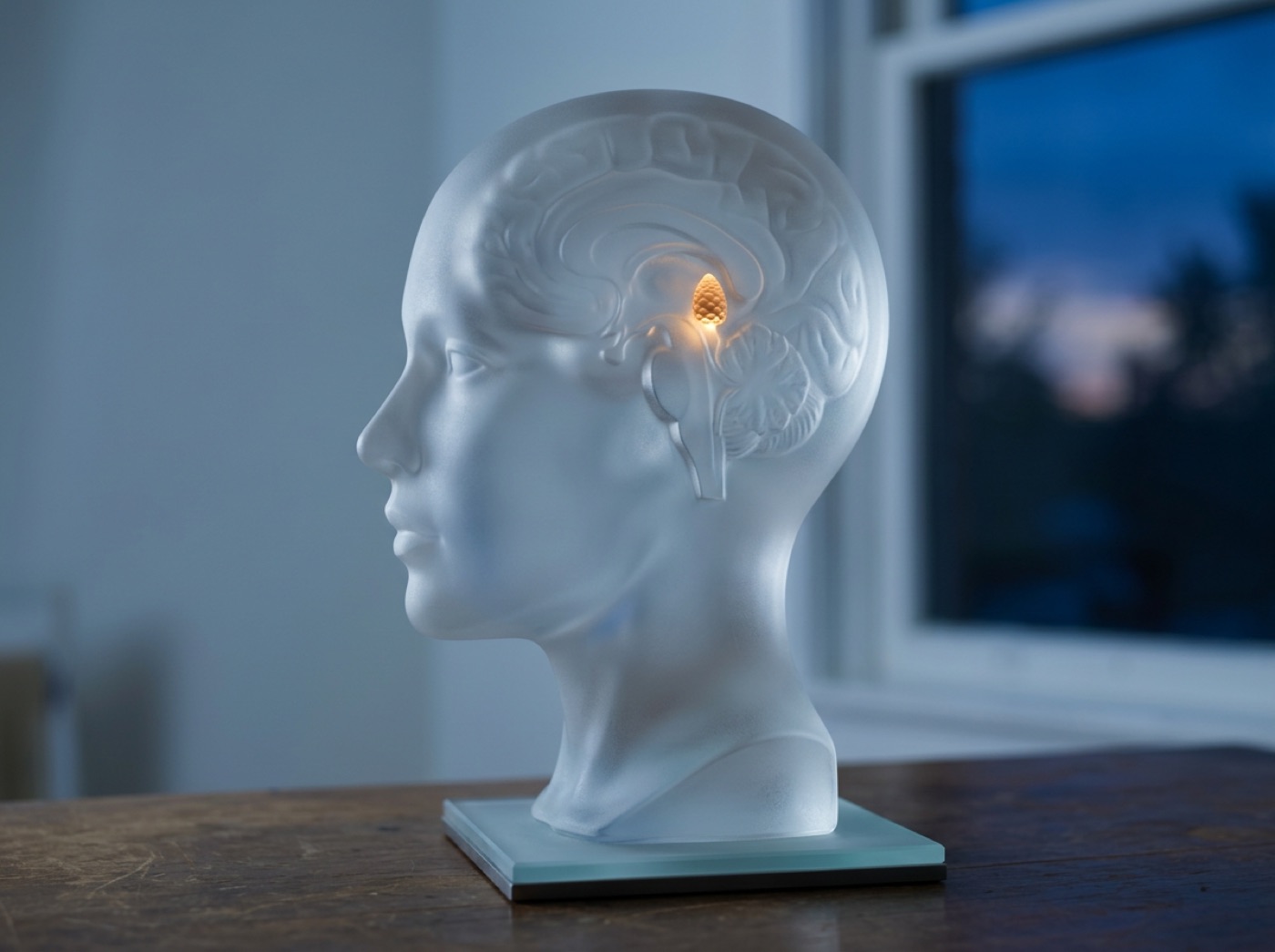 A glass head at dusk, a tiny gland deep in the brain glowing amber