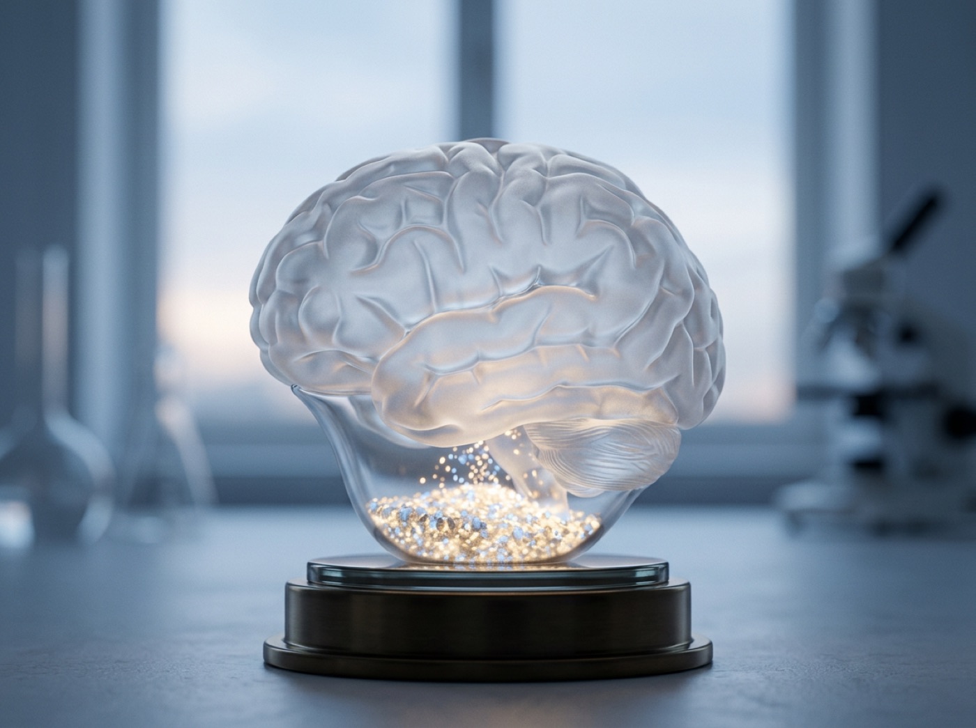 A glass brain with fine grains of light slowly gathering at its base, like sand in an hourglass