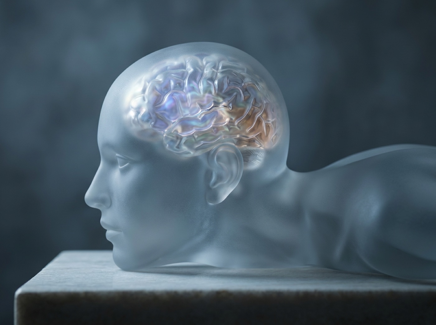A glass head lying down in the dark, the brain lit by flickering colours as in a dream