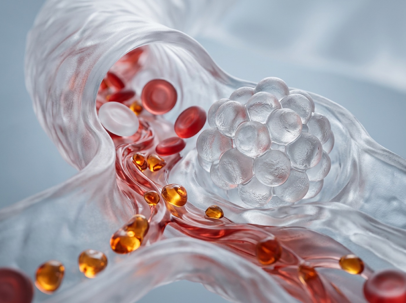 Glowing amber droplets of fuel flowing through a blood vessel towards a cluster of cells
