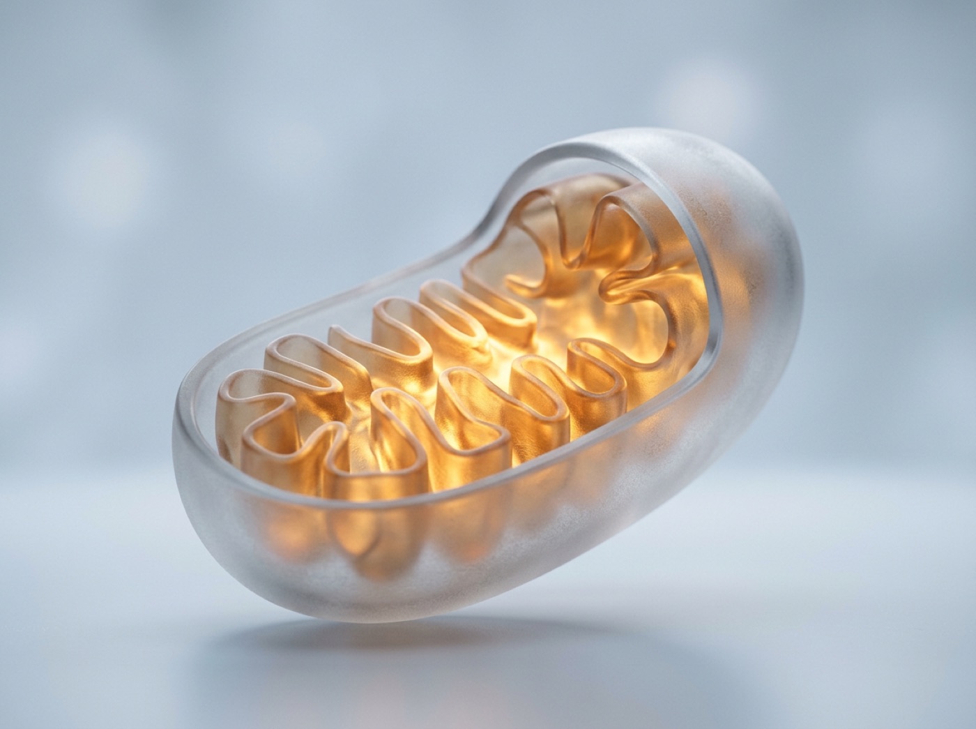 A single mitochondrion with folded inner membranes, glowing with warm light