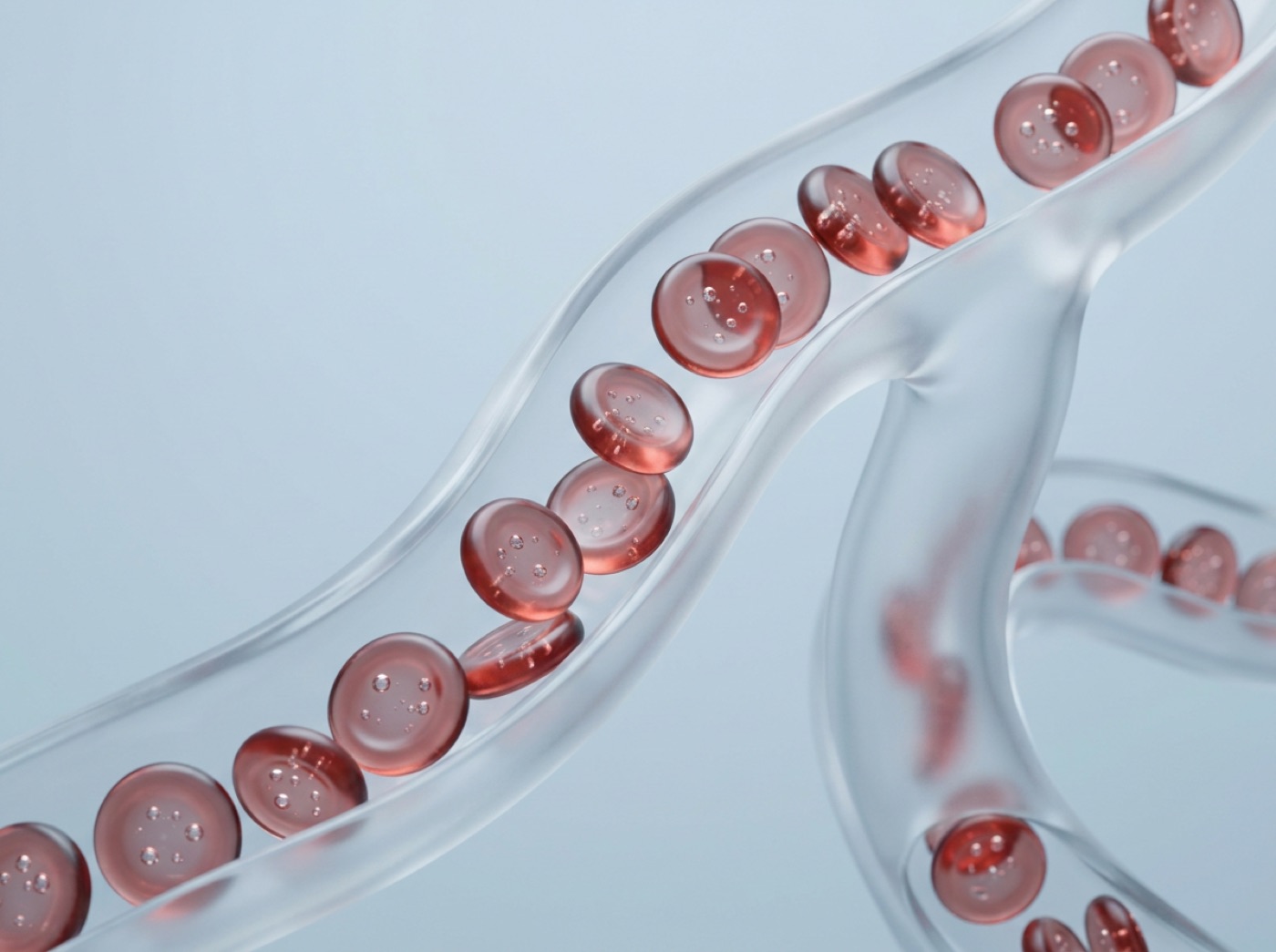 Red blood cells shaped like glass discs, carrying tiny bubbles of oxygen through a vessel