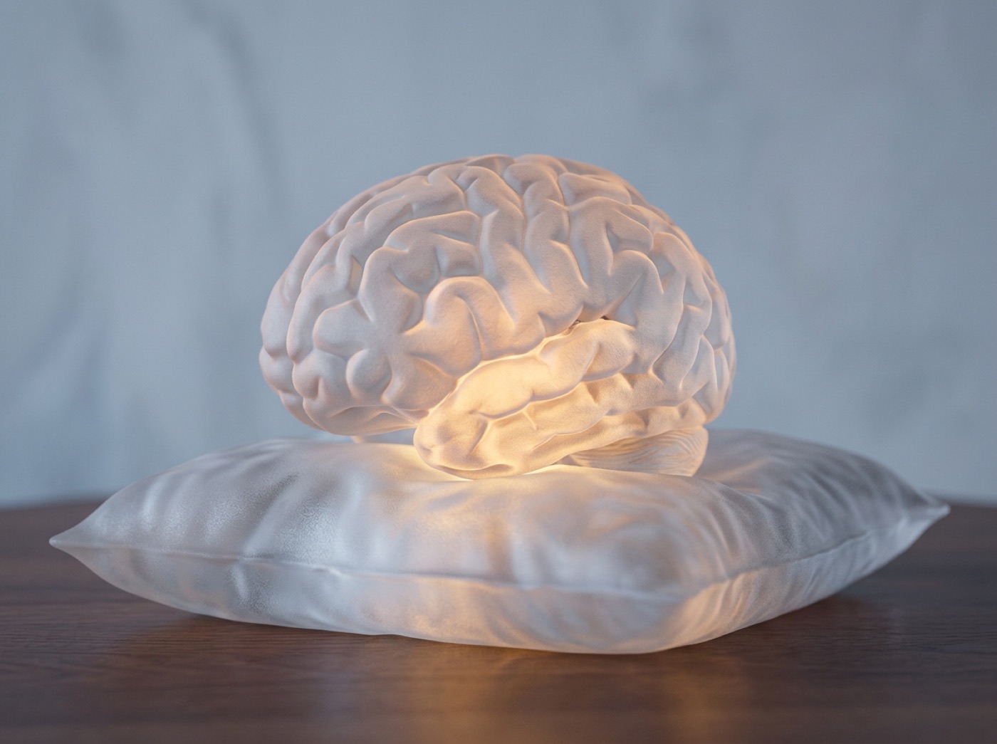 A glass brain resting on a pillow at dawn, warm light slowly filling it