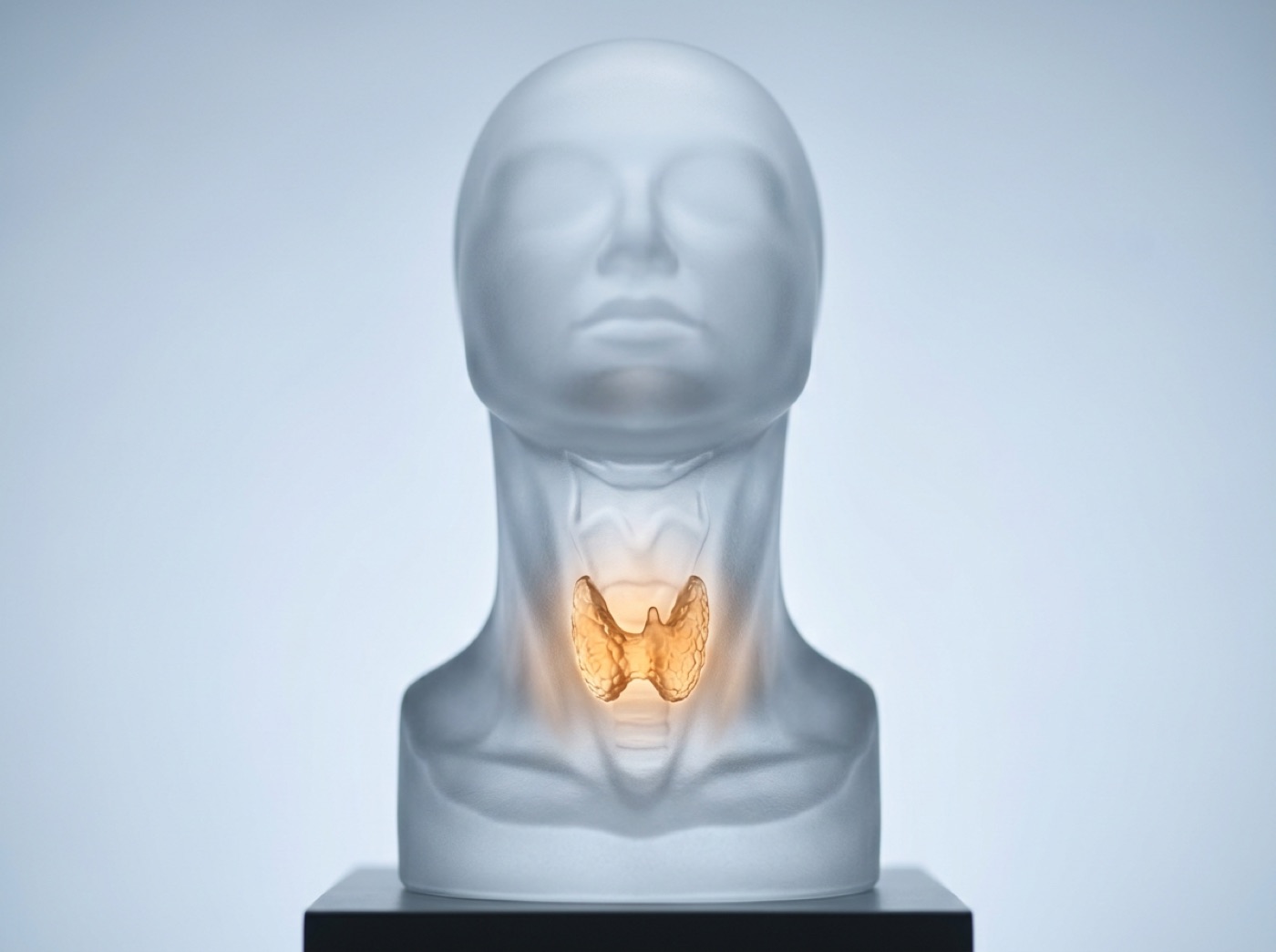A glass neck with a small butterfly-shaped thyroid gland glowing at its base