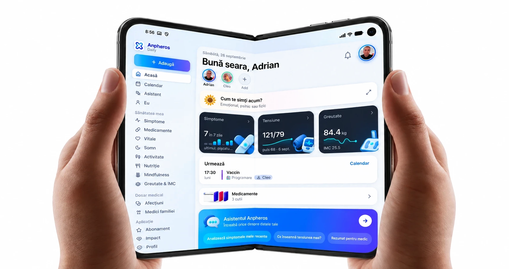 Anpheros Daily on an open foldable phone, held in both hands